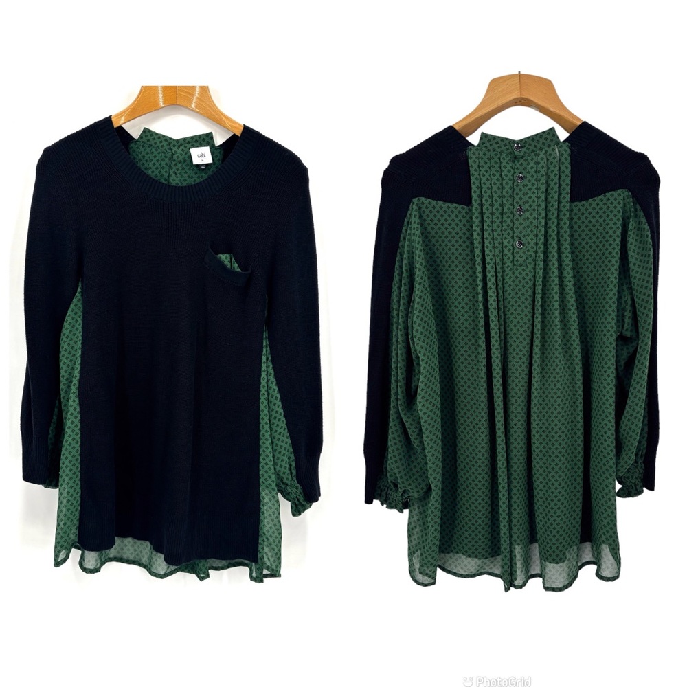 Cabi Get-Together Sweater # 3520, Black Knit and Sheer Green Chiffon Top, Medium